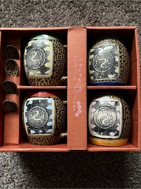Vintage Always Azul Pottery Tea for Four Mug Set Spoons Colorado